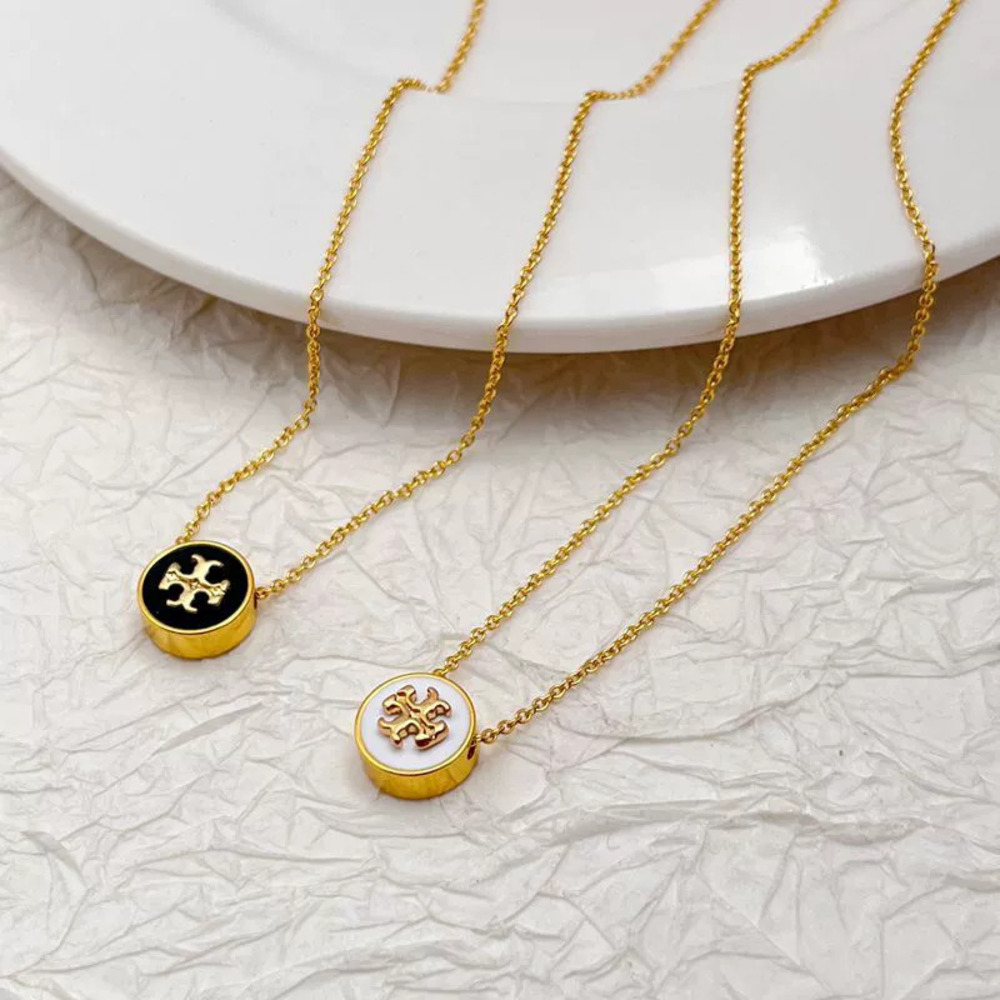 Tory Burch Gold Plated Copper Enamel Geometric Round Letter Necklace